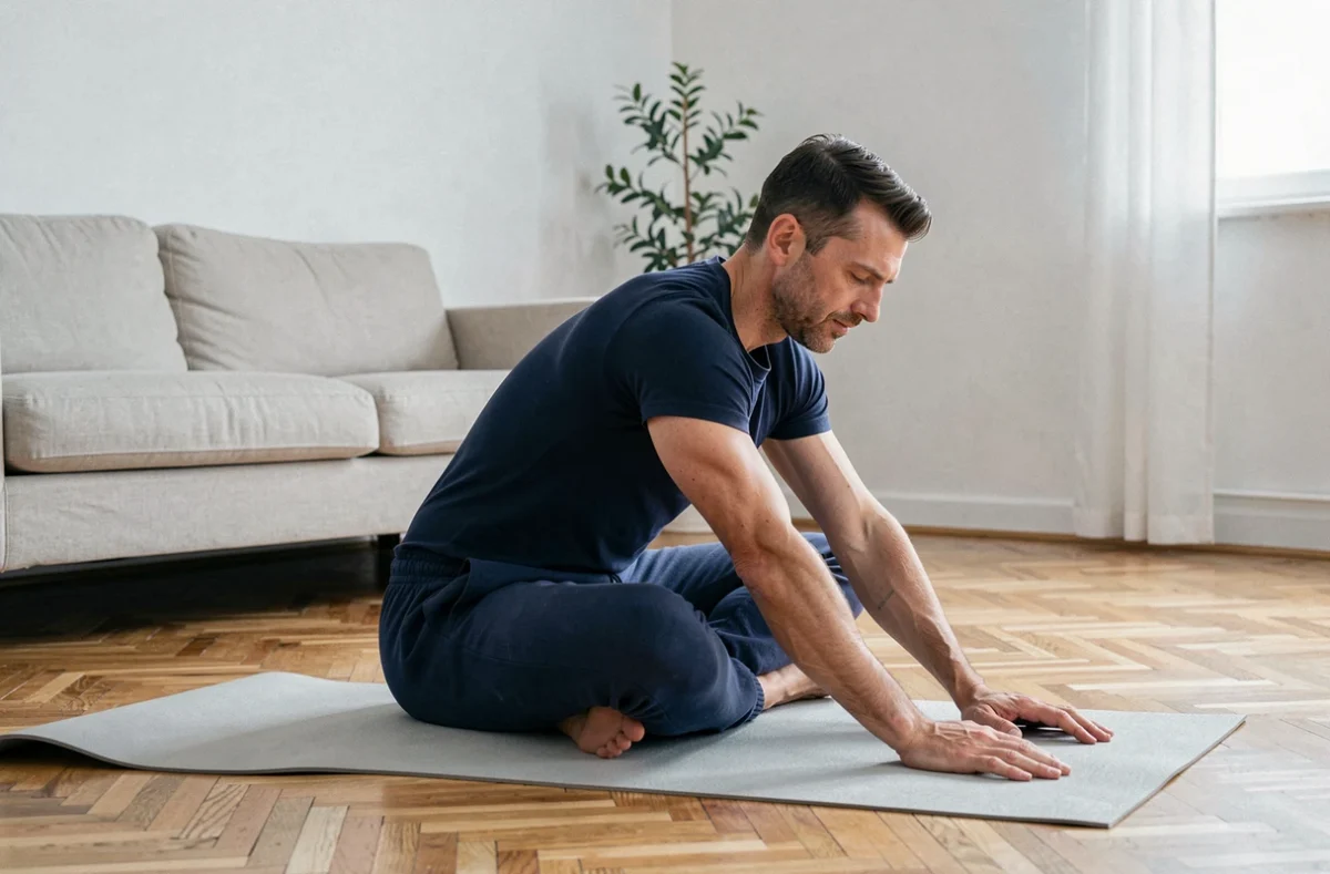 Homme réalisant des étirements du dos sur un tapis de yoga à la maison pour soulager les douleurs lombaires