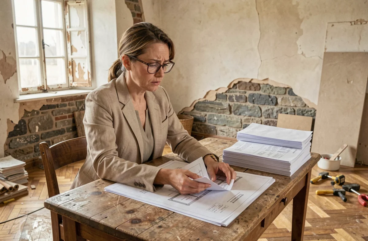 Femme étudiant des plans et devis de rénovation dans une maison ancienne en cours de travaux