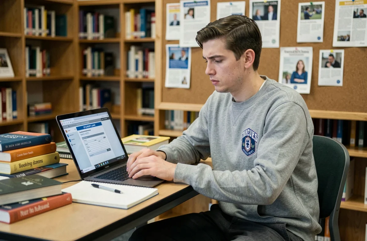 Étudiant consultant un formulaire de prêt étudiant en ligne dans une bibliothèque universitaire