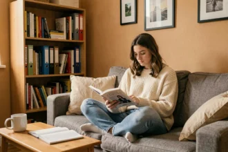 Étudiante lisant dans un appartement meublé confortable avec bibliothèque et décoration chaleureuse