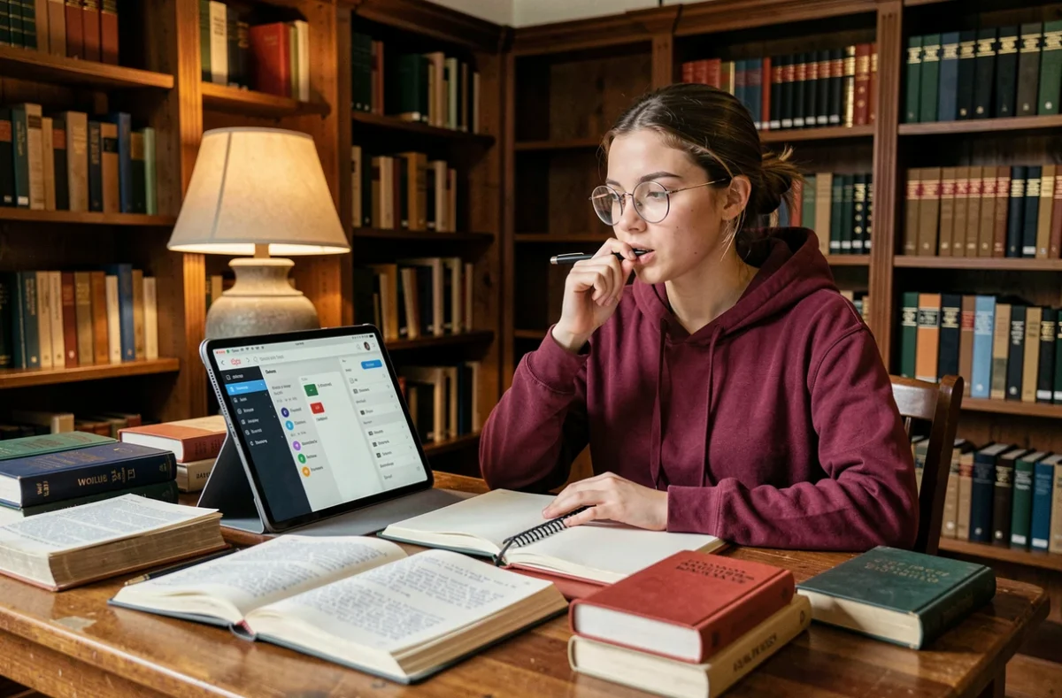 Étudiante comparant des outils de traduction dans une bibliothèque universitaire entourée de dictionnaires