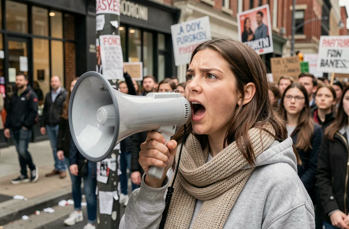 Étudiante prenant la parole avec un mégaphone lors d'une manifestation dans une rue commerçante urbaine