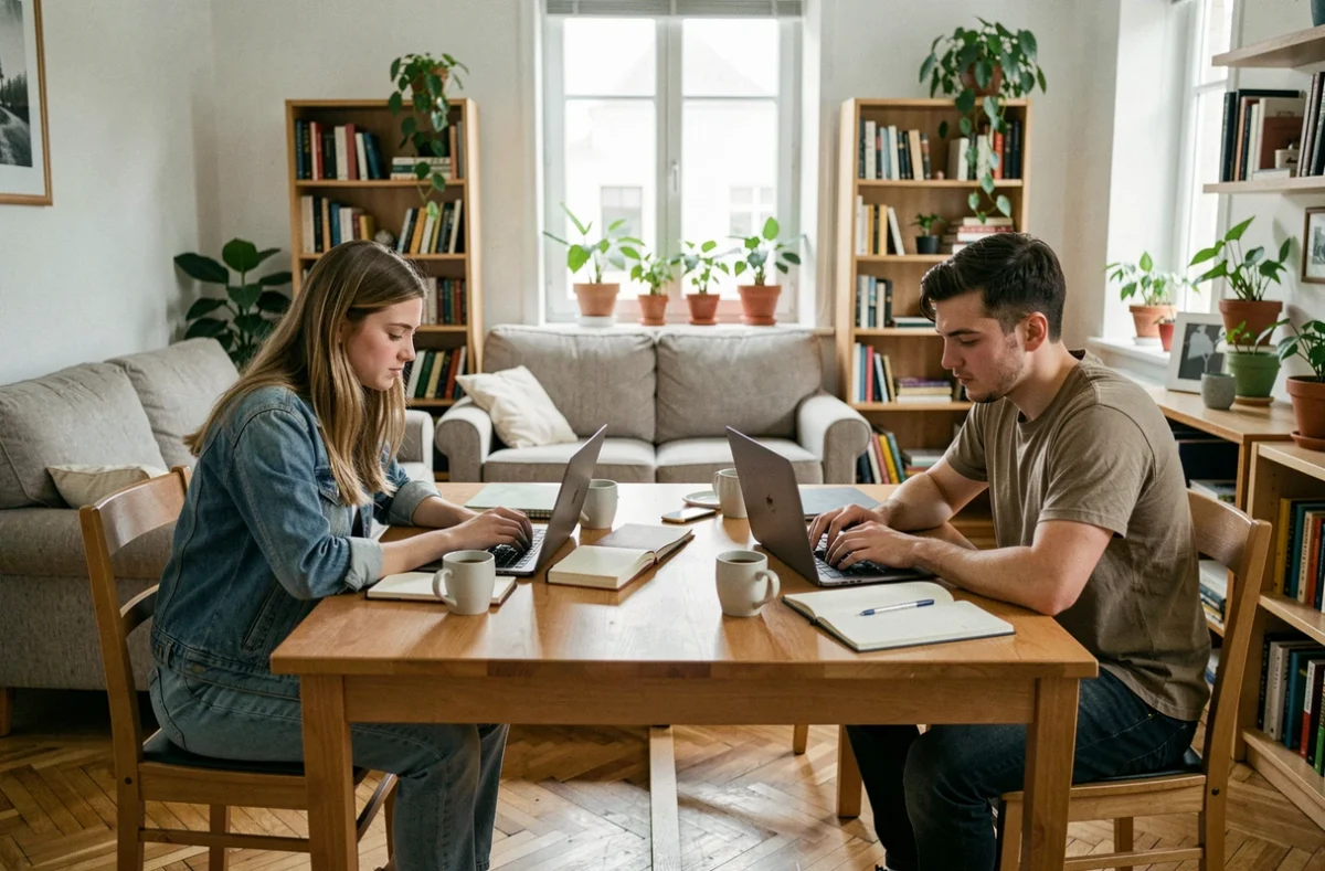 Deux étudiants travaillant ensemble dans un appartement meublé partagé avec salon équipé et atmosphère studieuse