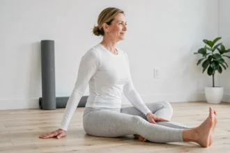 Femme d'une quarantaine d'années effectuant un exercice d'étirement doux pour les genoux sur un plancher en bois dans une salle de sport à domicile minimaliste