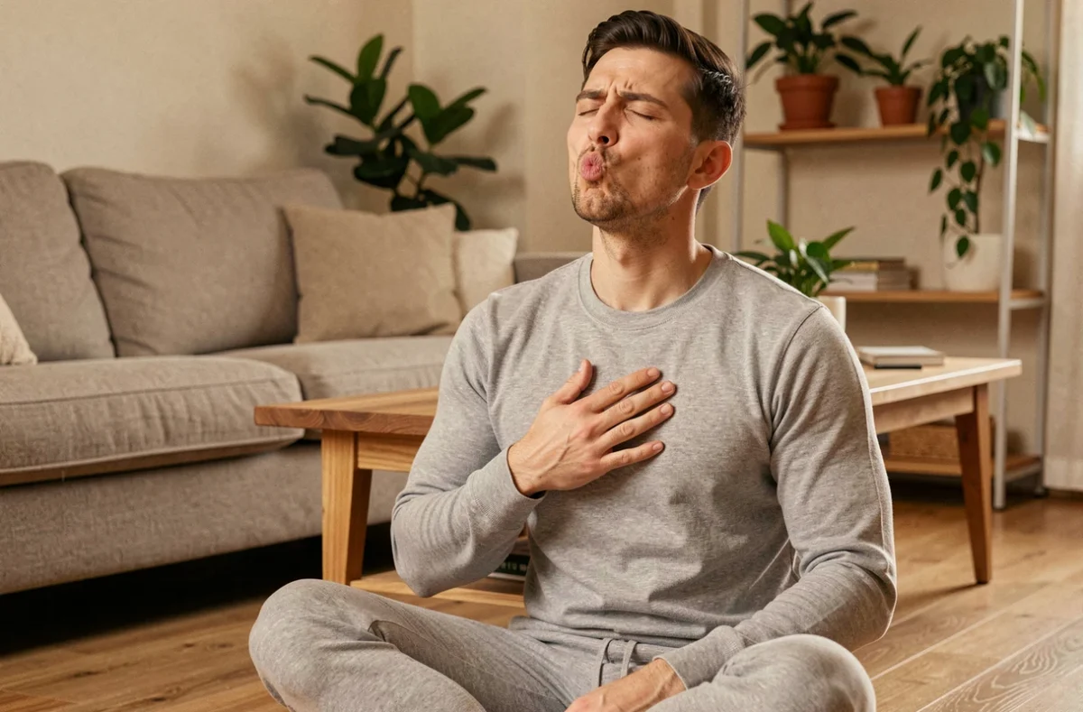 Personne pratiquant un exercice de respiration contrôlée à domicile dans un salon chaleureux