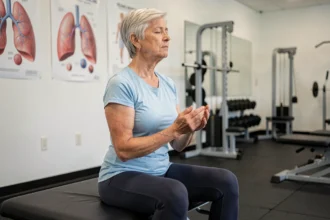 Femme senior pratiquant des exercices de respiration diaphragmatique lors d'une séance de rééducation pulmonaire en salle de kinésithérapie