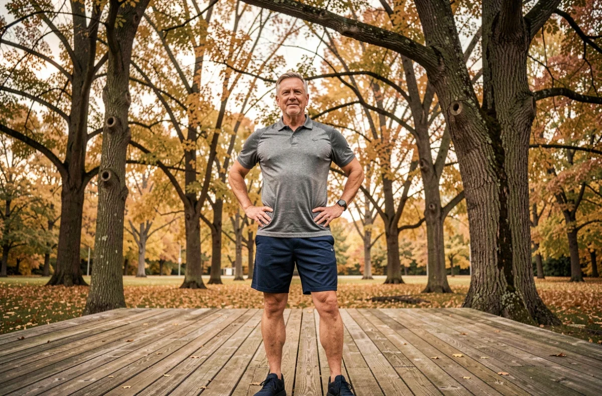 Homme senior réalisant un exercice de rotation de la hanche en plein air sur une terrasse en bois entourée d'arbres aux couleurs automnales pour prévenir les douleurs articulaires