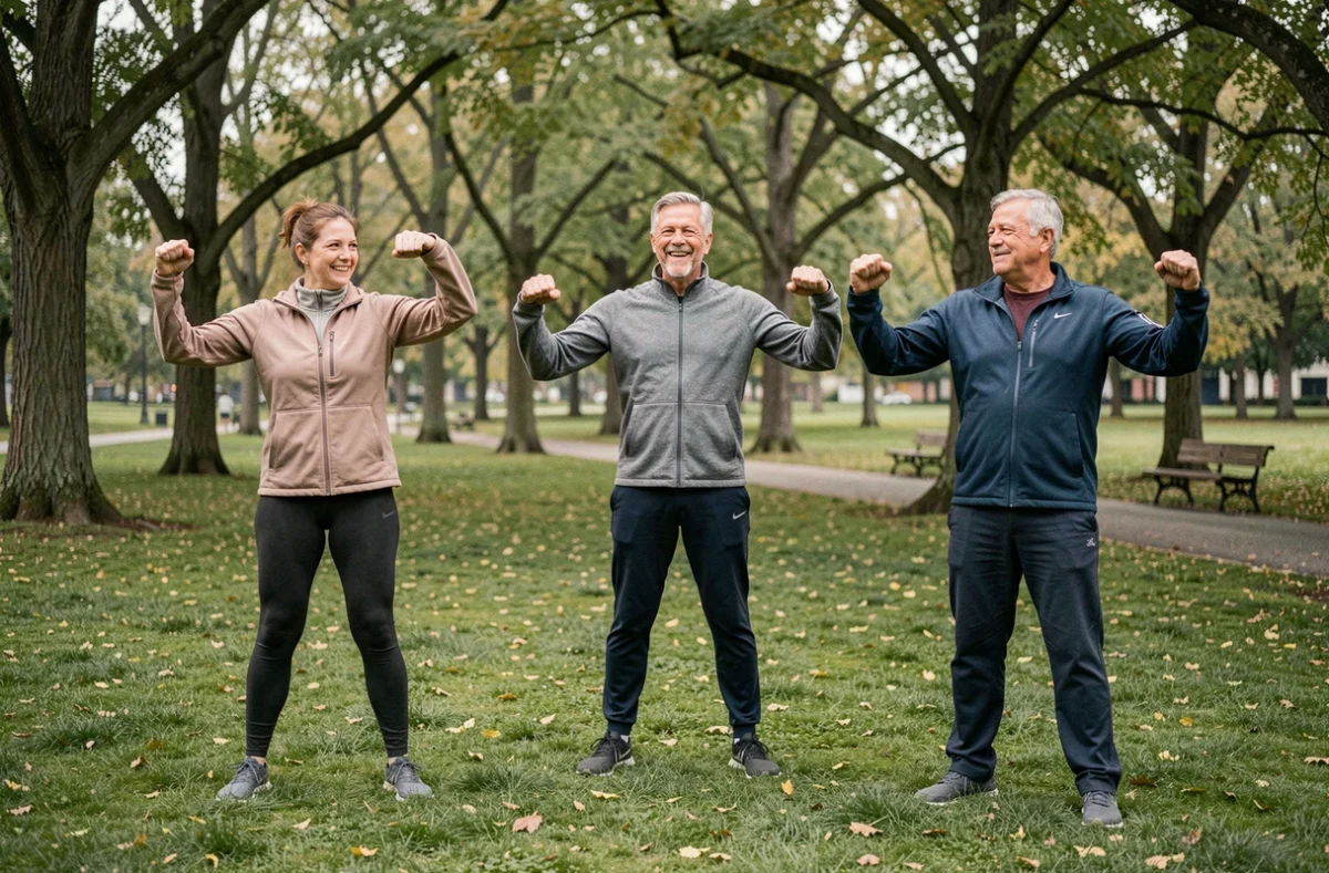 Groupe d'adultes pratiquant des exercices de mobilité en plein air dans un parc urbain le matin