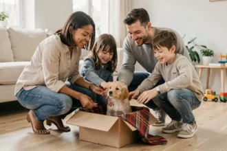 Famille souriante accueillant un chiot golden retriever dans un salon scandinave chaleureux