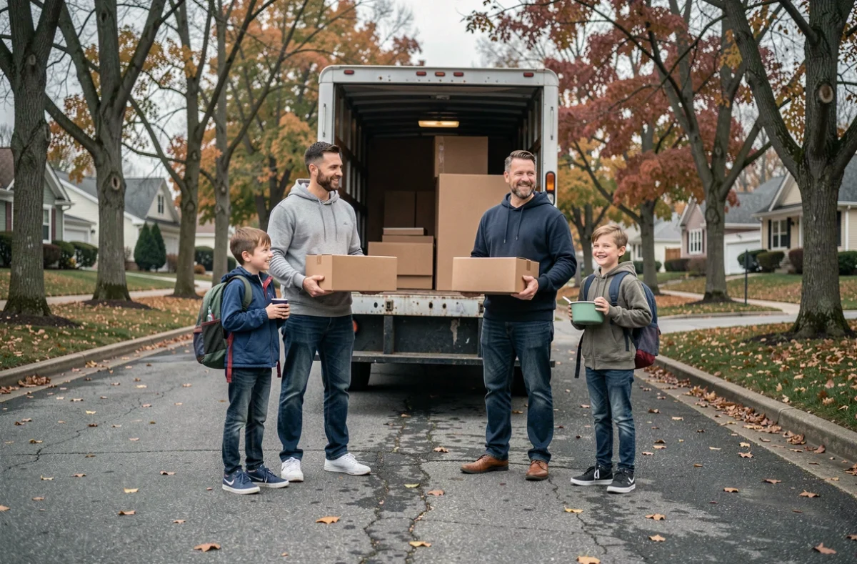 Famille avec enfants devant un camion de déménagement dans une allée résidentielle en automne