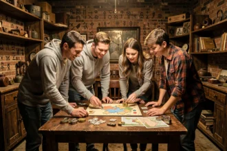 Famille de quatre personnes concentrée autour d'indices dans une salle d'escape game thématique avec murs en briques et accessoires vintage