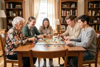 Famille multigénérationnelle réunie autour d'un jeu de société sur une table en bois dans un salon chaleureux