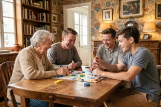 Famille française réunie autour d'un jeu de société dans un salon parisien chaleureux
