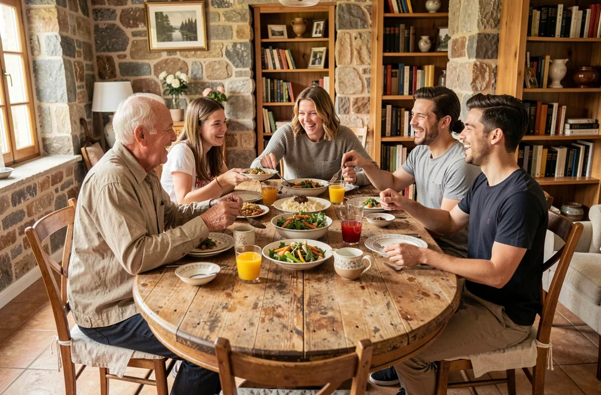 Famille multigénérationnelle réunie autour d'un repas dominical, partage des valeurs familiales de solidarité, respect et convivialité entre générations