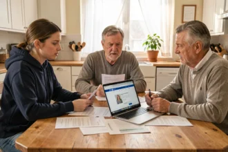 Famille réunissant parents et étudiante autour de documents de prêt étudiant à la table de cuisine