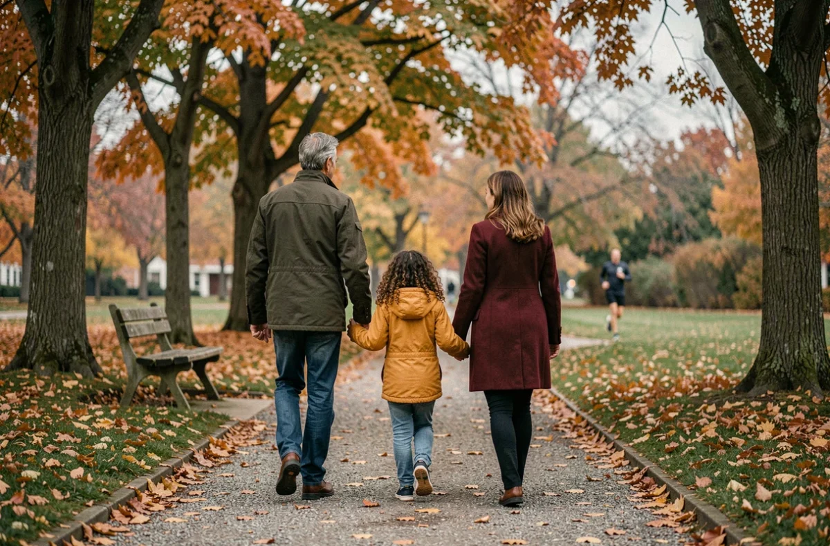 Une famille recomposée se promène dans un parc en automne, symbolisant le lien affectif entre un beau-père, une mère et leur belle-fille