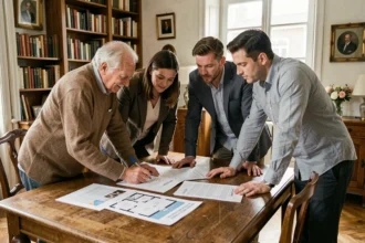 Famille réunie autour d'une table pour signer des documents liés à la création d'une SCI familiale