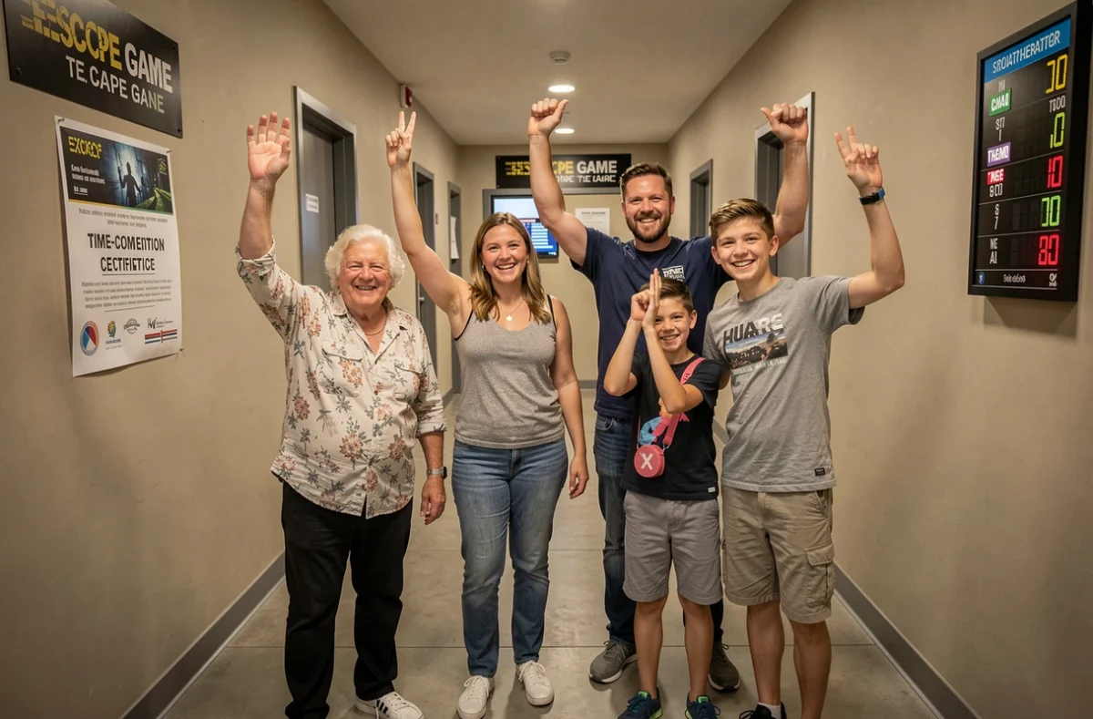 Famille multigénérationnelle célébrant leur victoire à la sortie d'un escape game avec certificat de réussite affiché