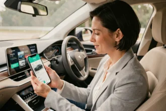 Femme consultant une application d'assurance auto sur smartphone dans une voiture électrique moderne