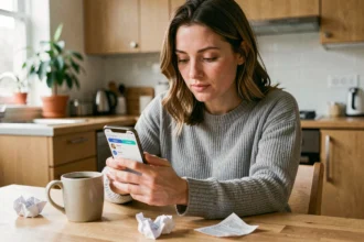 Femme utilisant une application de gestion budgétaire sur son smartphone à la cuisine