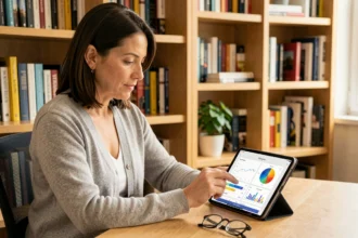 Femme consultant une application de santé numérique sur une tablette dans un bureau à domicile