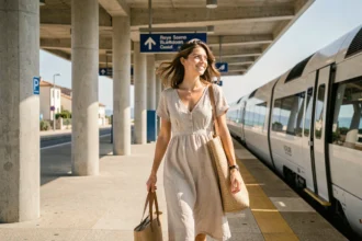 Jeune femme arrivant en train dans une ville balnéaire proche de Paris, sur le quai d'une gare côtière ensoleillée