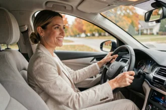 Femme souriante au volant d'une voiture moderne illustrant les avantages de l'automobile au quotidien