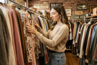 Femme parcourant des vêtements de seconde main dans une boutique vintage chaleureuse
