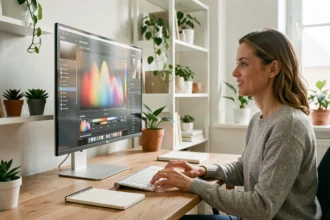 Femme travaillant depuis chez elle sur un grand moniteur ultrawide dans un bureau scandinave moderne