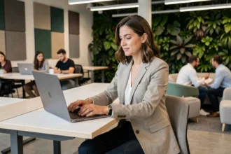 Femme cadre travaillant dans un espace de bureau moderne avec des zones collaboratives et des plantes, illustrant la transformation des environnements de travail