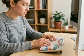 Jeune femme utilisant un clavier mécanique avec des touches pastel dans un bureau minimaliste à domicile