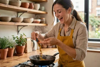 Femme qui cuisine des épices colorées dans une cuisine chaleureuse pour pimenter son quotidien
