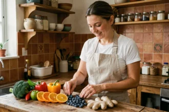 Femme préparant un assortiment de légumes et fruits frais riches en vitamines pour renforcer le système immunitaire