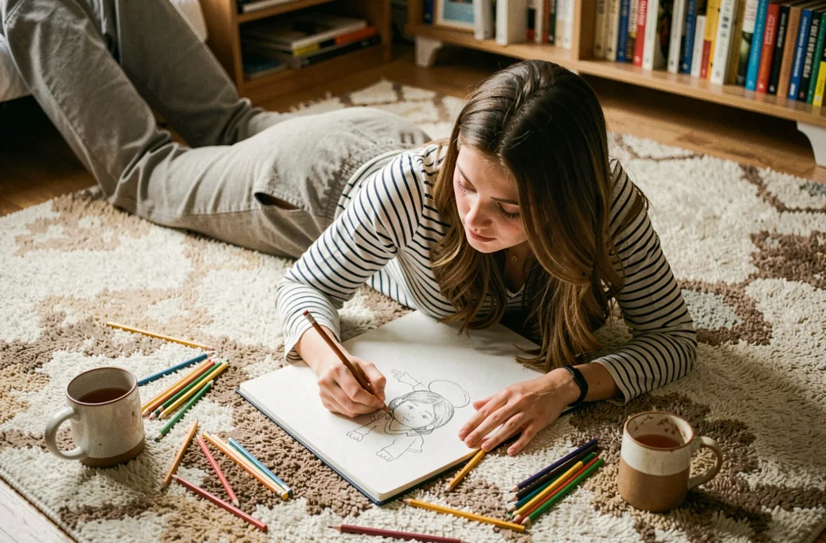 Jeune femme dessinant dans son carnet sur le sol de sa chambre, activité créative à la maison