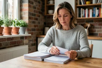 Femme examinant des documents d'assurance habitation à une table en bois dans un appartement moderne