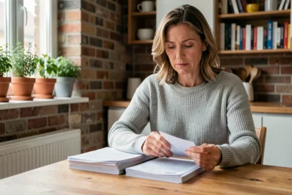 Femme examinant des documents d'assurance habitation à une table en bois dans un appartement moderne