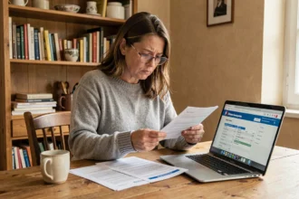 Femme consultant ses documents fiscaux et son revenu fiscal de référence sur un ordinateur portable à la maison