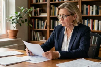 Femme consultant des documents de prêt hypothécaire à son bureau à domicile