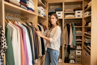 Femme dans un dressing bien organisé parcourant une grande collection de vêtements suspendus sur des tringles en bois