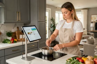 Femme utilisant un écran connecté dans une cuisine moderne pour suivre une recette en temps réel