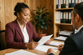 Femme entrepreneur en réunion avec un conseiller financier pour obtenir un microcrédit dans une agence locale