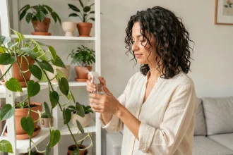 Femme entretenant un pothos dans un salon scandinave avec des étagères remplies de plantes d'intérieur en pots de céramique