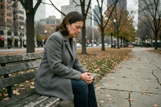 Femme fatiguée assise seule sur un banc de parc en automne, illustrant l'épuisement émotionnel et les limites de la résilience