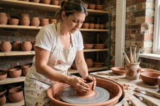 Femme adulte en tablier de lin façonnant un bol en argile sur un tour de poterie dans un atelier de céramique rustique