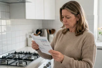 Femme consultant sa facture de gaz dans une cuisine moderne, illustrant l'évolution des tarifs réglementés du gaz