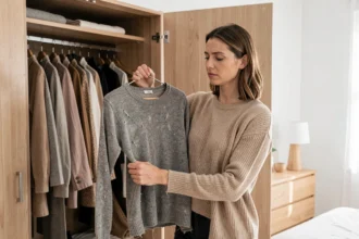 Femme examinant un pull usé devant son armoire ouverte, hésitant à le jeter