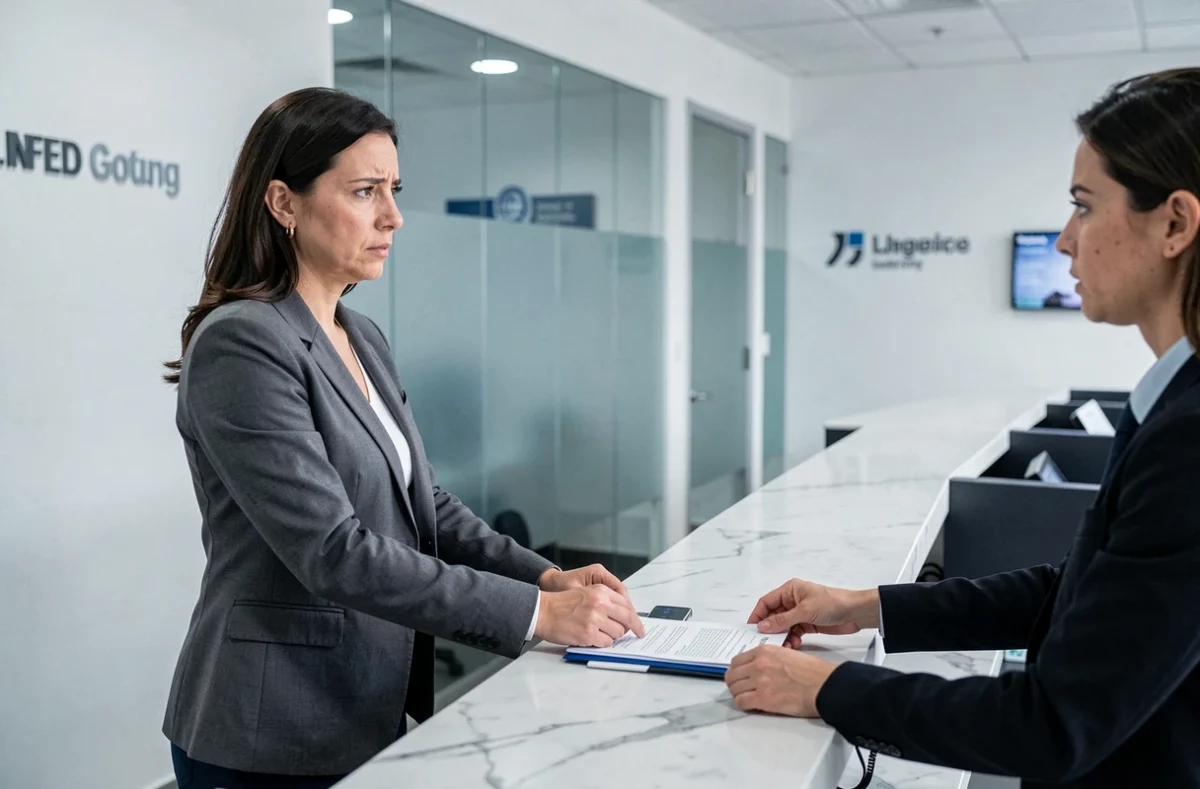 Femme à un guichet bancaire recevant des documents relatifs aux frais bancaires