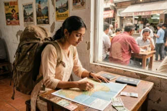 Jeune femme indienne planifiant un tour du monde avec une carte, des roupies et un passeport dans un café de Mumbai