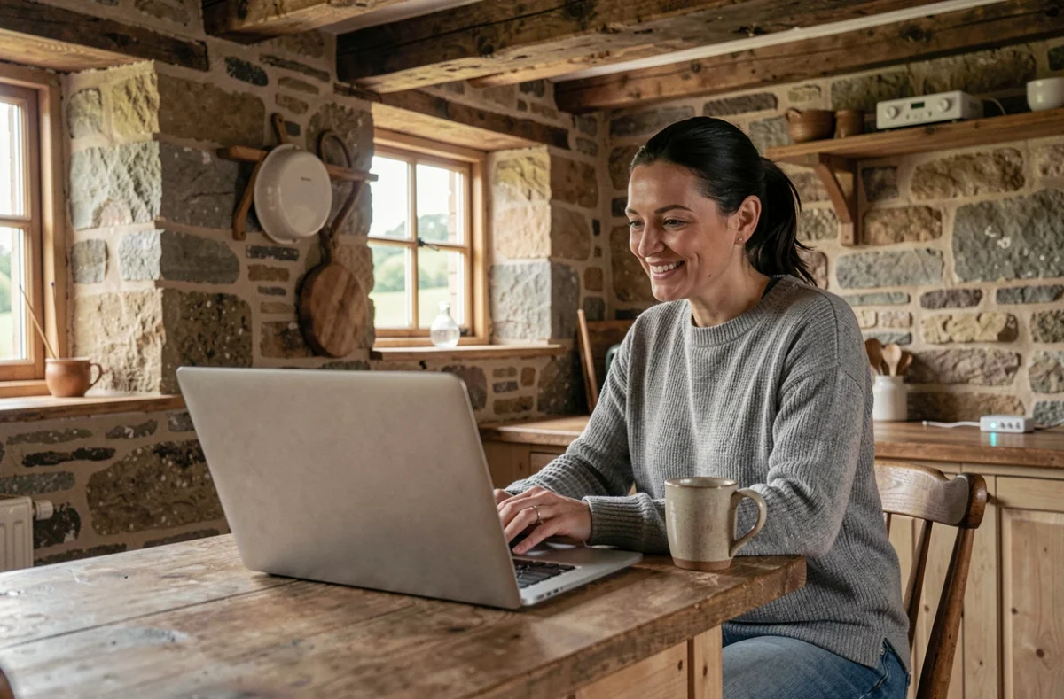 Femme en zone rurale utilisant internet haut débit par fibre optique dans une maison de ferme