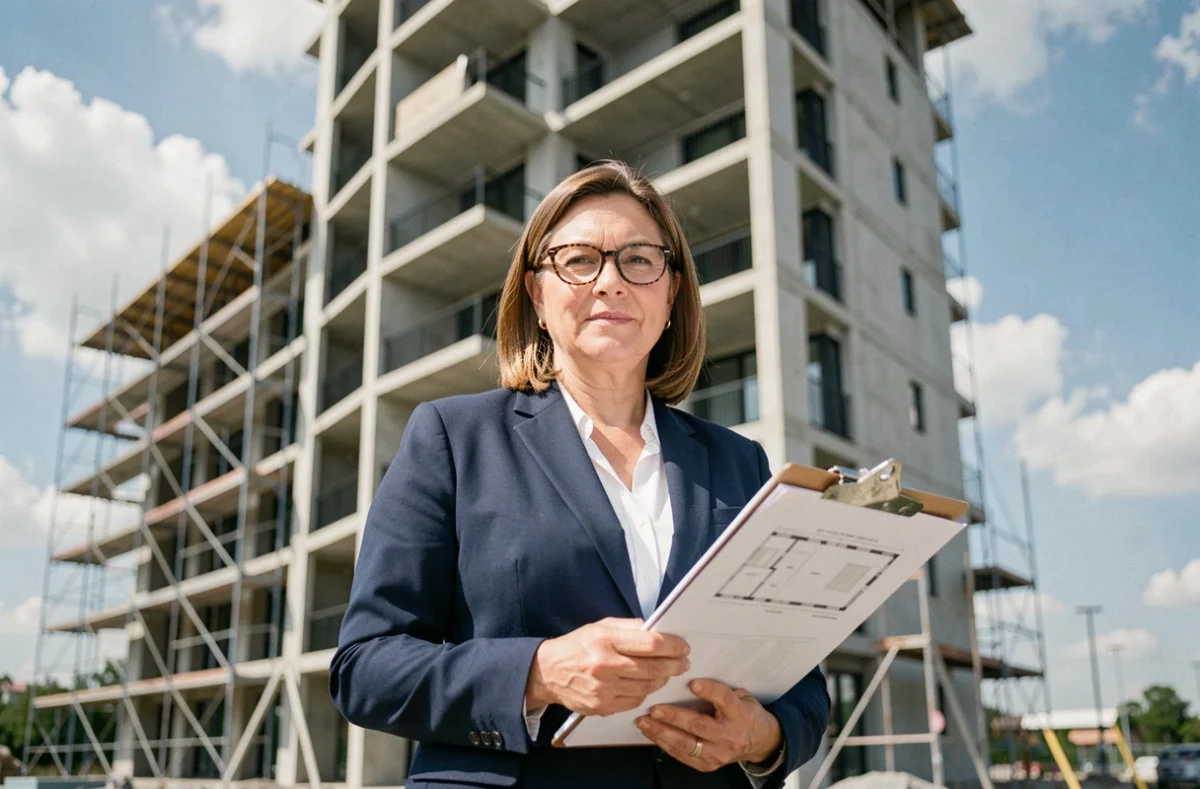 Femme professionnelle devant un immeuble résidentiel en construction tenant des plans architecturaux